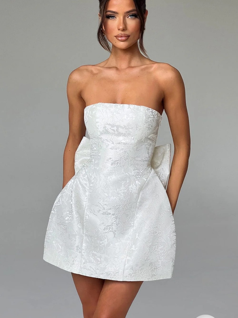 Babyboo Fashion  Strapless White Jacquard Mini Bridal Dress